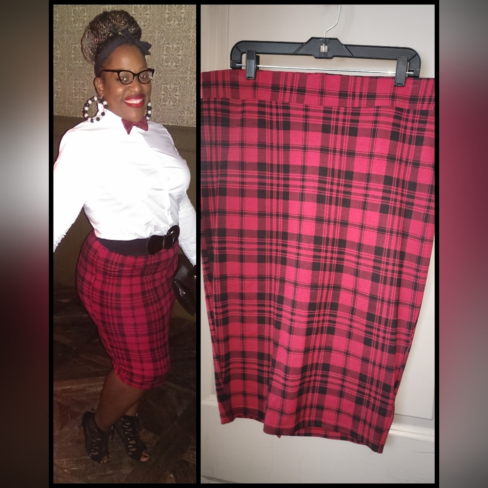 Chic Plaid Pencil Skirt in Red and Black